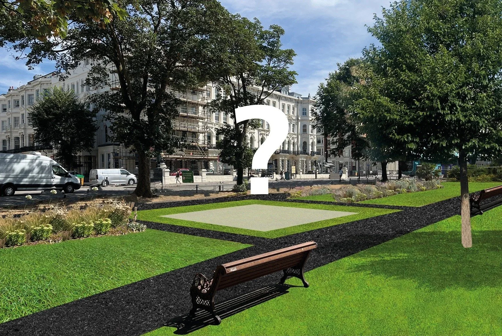 White question mark over the lawn at Palmeira Square in Hove, with an empty pale rectangular space, a park bench, flower beds, trees and Regency buildings behind