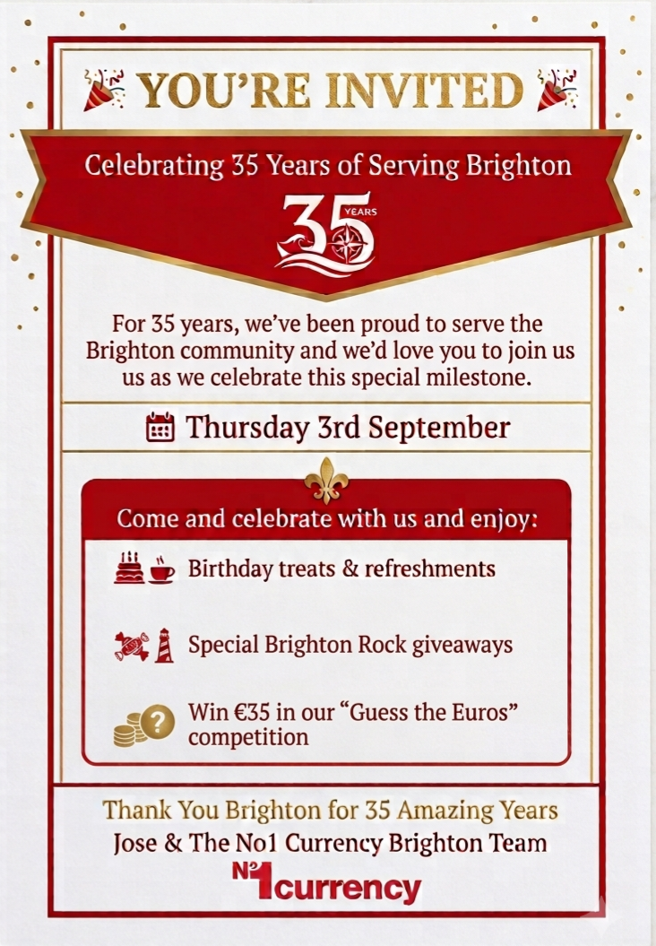 No1 Currency Brighton 35th anniversary invitation for the celebration on Thursday 3 September
