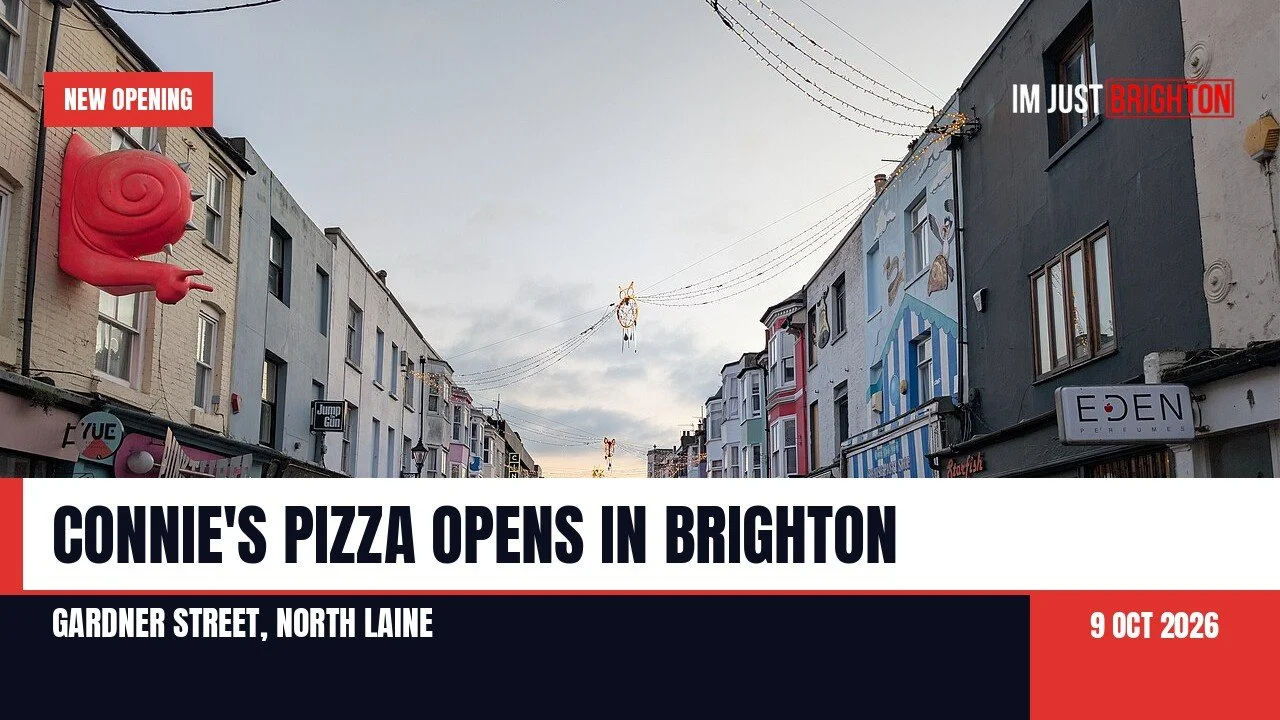 Gardner Street in Brighton's North Laine with colourful shopfronts, headline Connie's Pizza Opens in Brighton