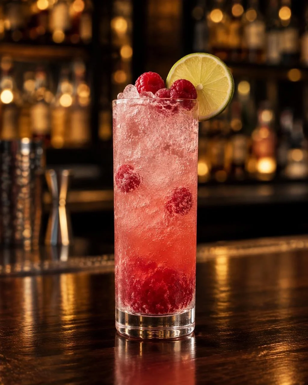 Beacon Blush cocktail at The Birdcage Brighton in a tall glass with raspberries and a lime wheel