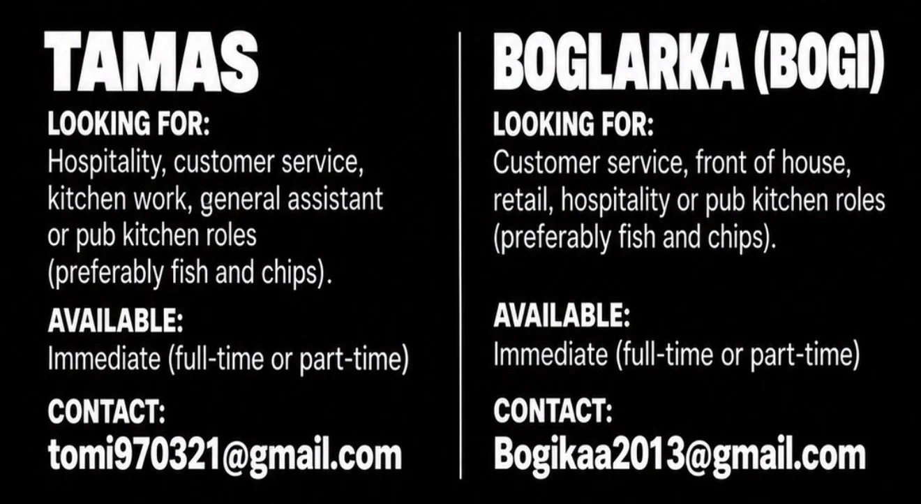 Contact details for Tamas at tomi970321@gmail.com and Boglarka at Bogikaa2013@gmail.com seeking immediate hospitality work in Brighton