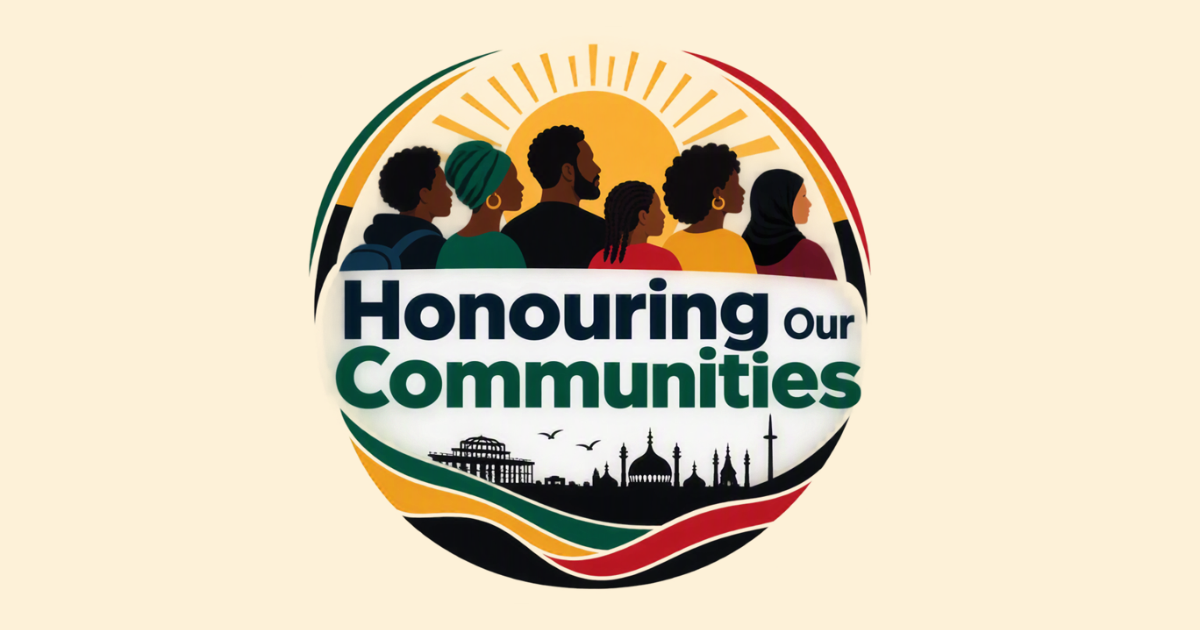 Council graphic for Black History Month 2026 showing six people facing a rising sun above the West Pier and Royal Pavilion skyline, with the words Honouring our communities