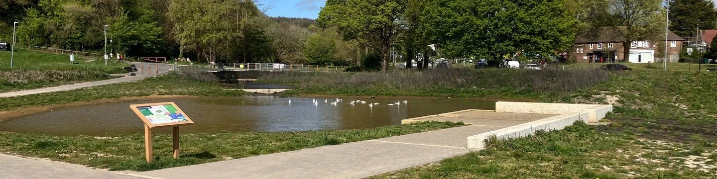 Sustainable drainage pond in Brighton and Hove with gulls on the water, a paved path and an information board in the foreground