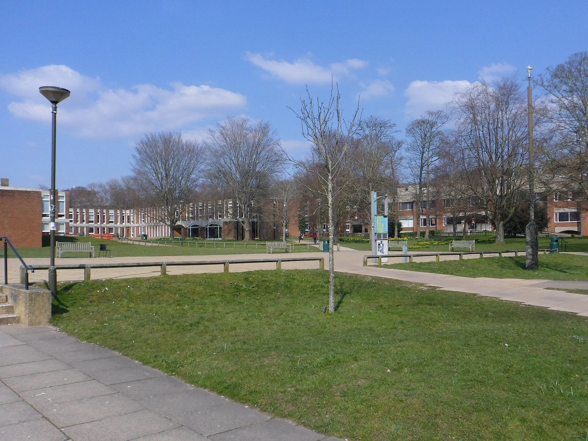 University of Sussex campus at Falmer near Brighton showing academic buildings, green open spaces and pedestrian walkways