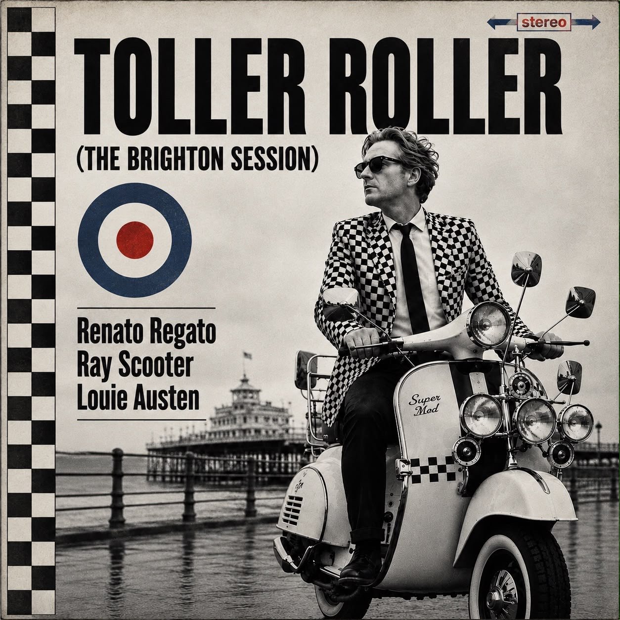 Album cover for Toller Roller (The Brighton Session) showing a man in a black and white chequered blazer sitting on a Vespa scooter in front of Brighton Palace Pier, with an RAF roundel and the artist names Renato Regato, Ray Scooter and Louie Austen