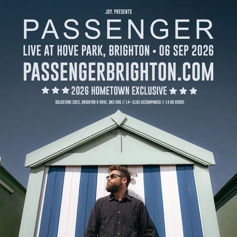 Passenger 2026 hometown exclusive poster for the Hove Park Brighton show on 6 September, standing by a blue and white beach hut
