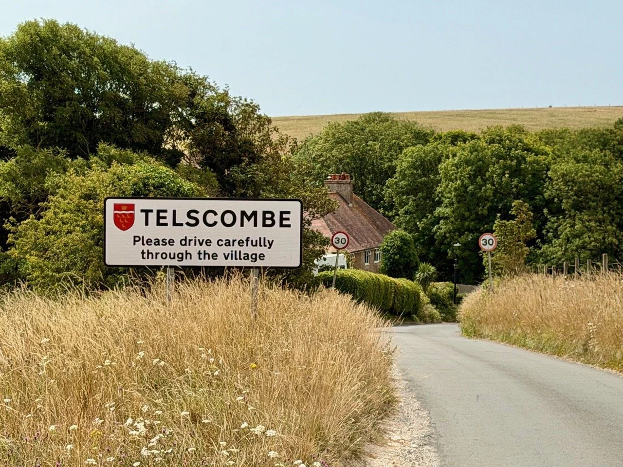 Roadside sign reading Telscombe, Please drive carefully through the village, beside a country lane with tall grasses, hedgerows and downland behind
