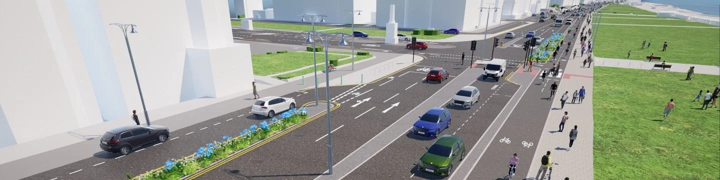 Wide render of the proposed A259 layout on Kingsway in Hove, with a planted central reservation, two-way cycle lane and Hove Lawns