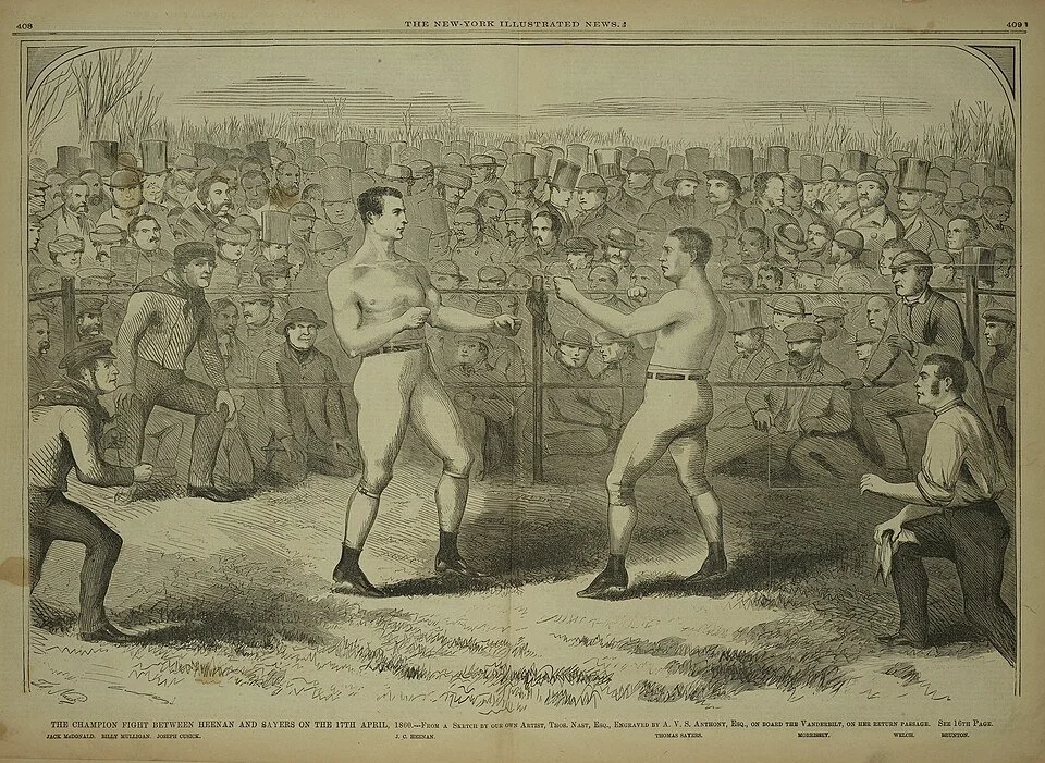 Thomas Nast illustration of the 1860 world heavyweight boxing championship fight between Thomas Sayers of Brighton and John Camel Heenan of America