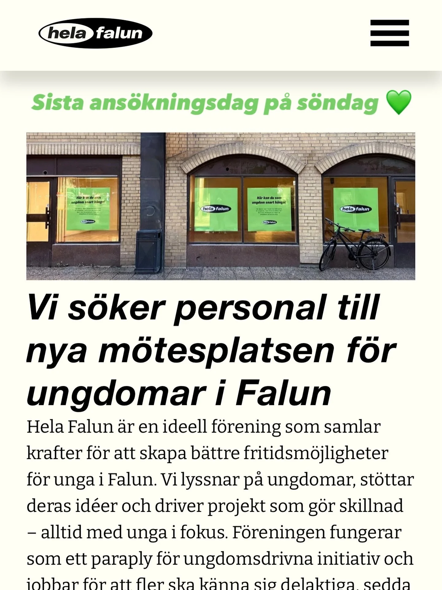 Vill du jobba n&aring;gra kv&auml;llar i veckan med Faluns ungdomar? Eller har du tips p&aring; person du tror skulle passa? Sista ans&ouml;kningsdag p&aring; s&ouml;ndag 🥳 Mer info p&aring; helafalun.se/asgatan18

Vi s&ouml;ker volont&auml;rer ocks