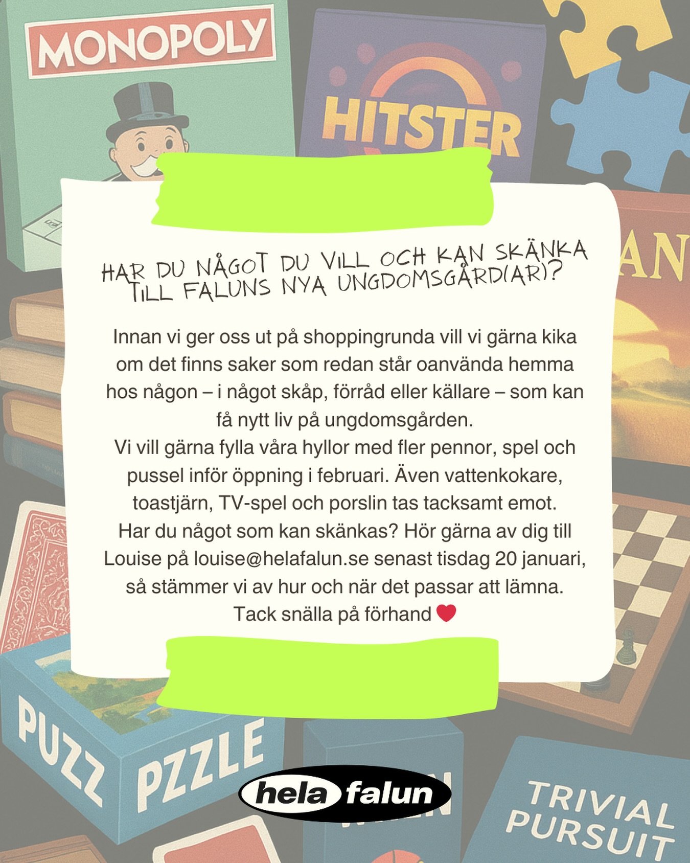 Tack igen till alla er som p&aring; eget initiativ redan varit gener&ouml;sa i olika typer av bidrag i form av pengar och ting till v&aring;r satsning p&aring; m&ouml;tesplatser f&ouml;r ungdomar i Falun ❤️ 

Har du n&aring;got du har m&ouml;jlighet 