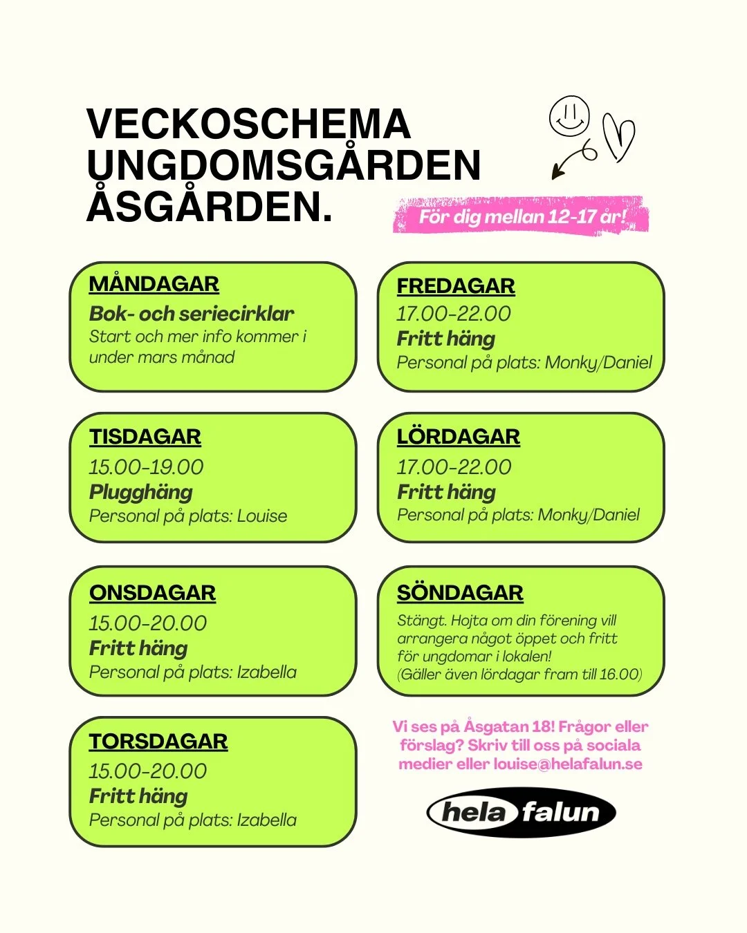 Vecka 6 &ouml;ppnar d&ouml;rrarna p&aring; &Aring;sg&aring;rden - Faluns nya m&ouml;tesplats f&ouml;r ungdomar mellan 12 och 17 &aring;r 🪩 F&ouml;rsta &ouml;ppna kv&auml;llen &auml;r tisdag 3 feb! D&aring; med lugnt pluggfokus, och sedan fritt h&aum