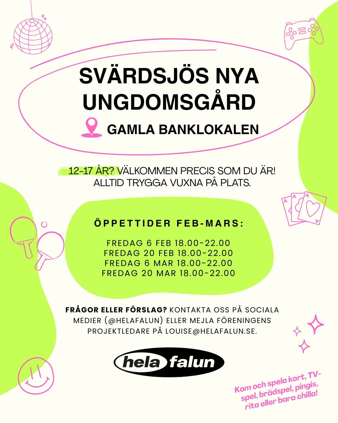 💚 Sv&auml;rdsj&ouml;! 💚 P&aring; fredag n&auml;sta vecka, 6 feb, &auml;r byns nya ungdomsg&aring;rd &ouml;ppen f&ouml;r f&ouml;rsta g&aring;ngen! Stort tack s&auml;ger vi till @kopparstadenab som l&aring;ter oss husera i deras lokaler ❤️ 

12-17 &a