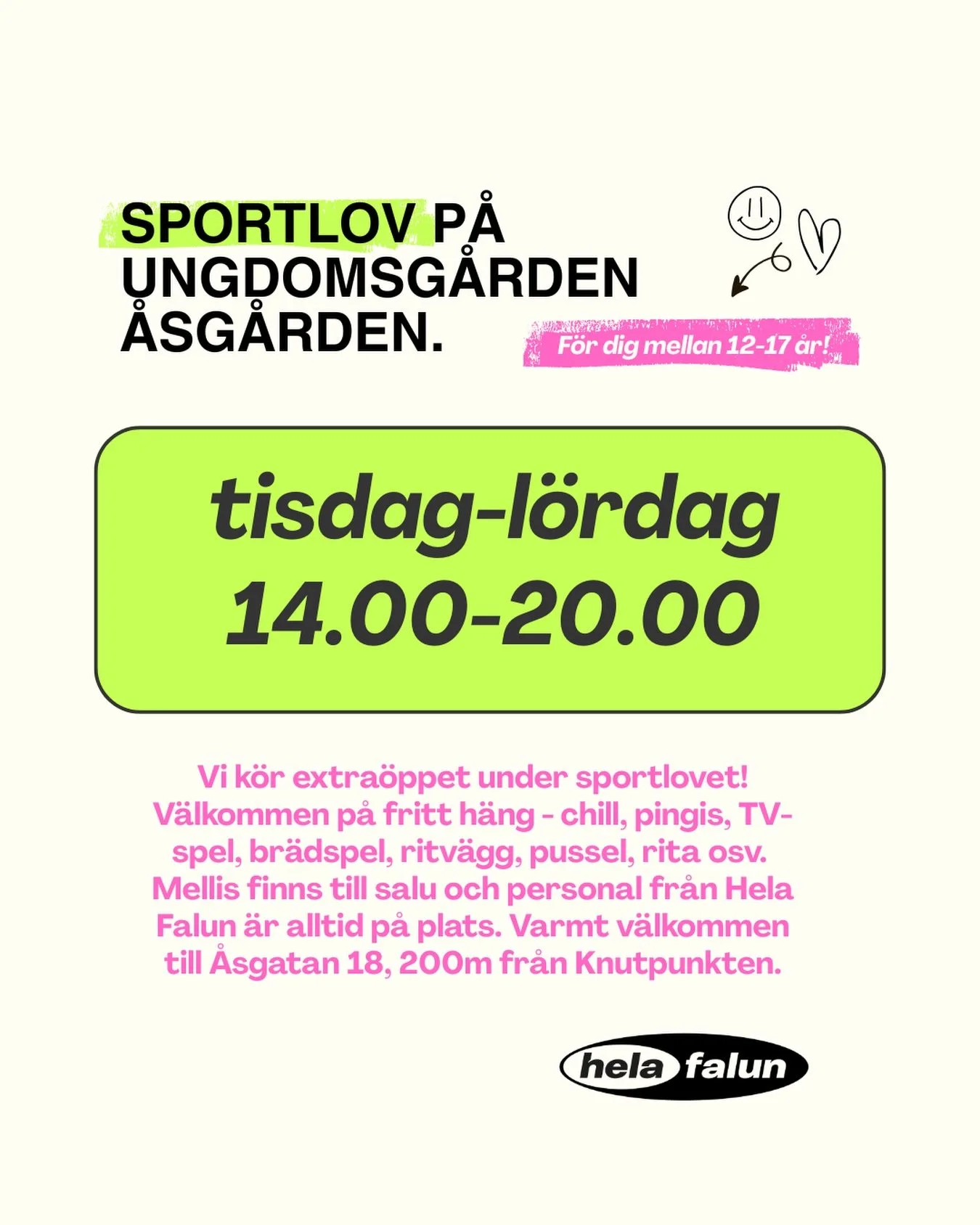 Vi har &auml;ndrat och ut&ouml;kat &ouml;ppettiderna f&ouml;r sportlovet efter &ouml;nskem&aring;l fr&aring;n ungdomar 🥳 Hj&auml;lp oss g&auml;rna sprida informationen till alla som &auml;r 12-17 &aring;r i kommunen 💚