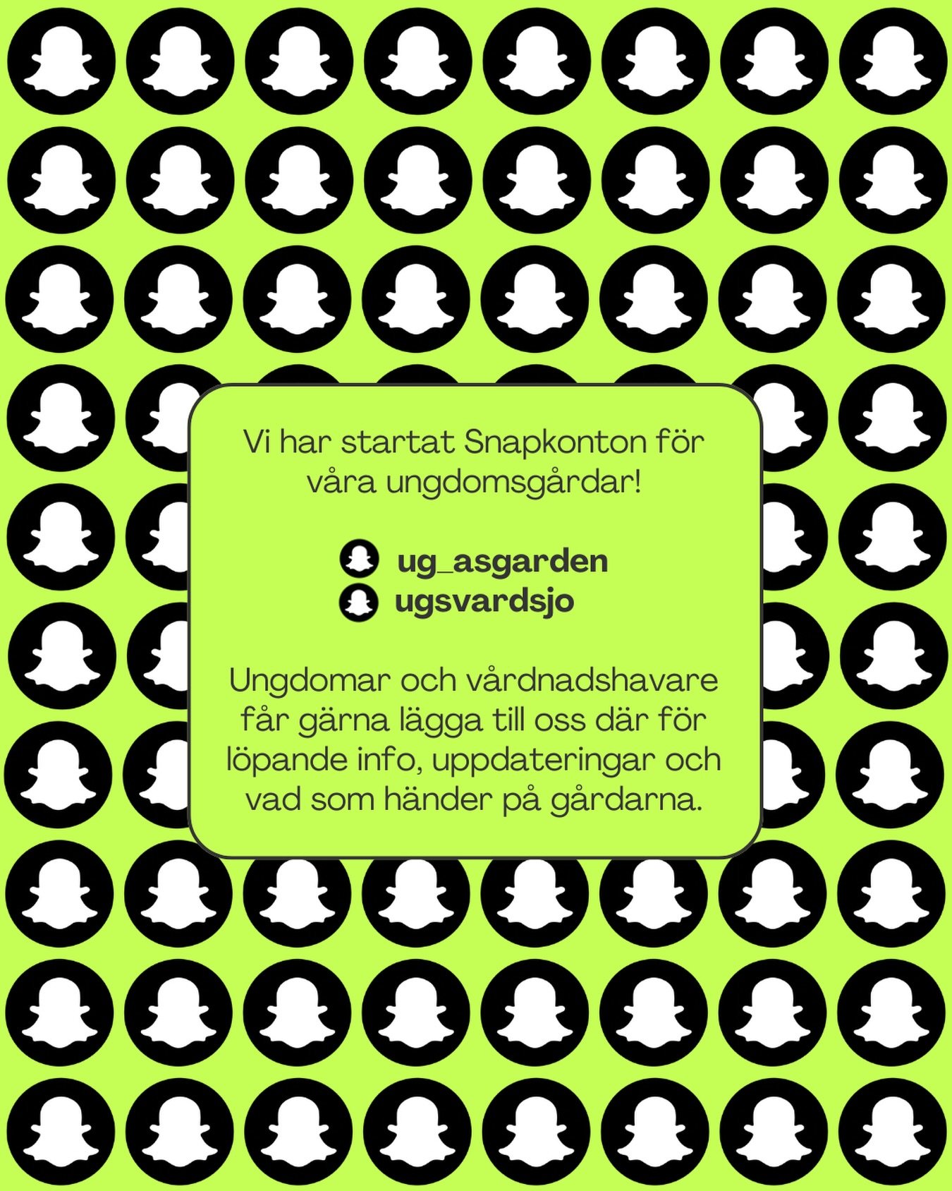 Ungdomar och v&aring;rdnadshavare! Nu finns v&aring;ra ungdomsg&aring;rdar p&aring; Snapchat 💚 L&auml;gg till oss d&auml;r f&ouml;r snabba, aktuella uppdateringar direkt fr&aring;n verksamheten.

👻 ug_asgarden (&Aring;sg&aring;rdens)
👻 ugsvardsjo 