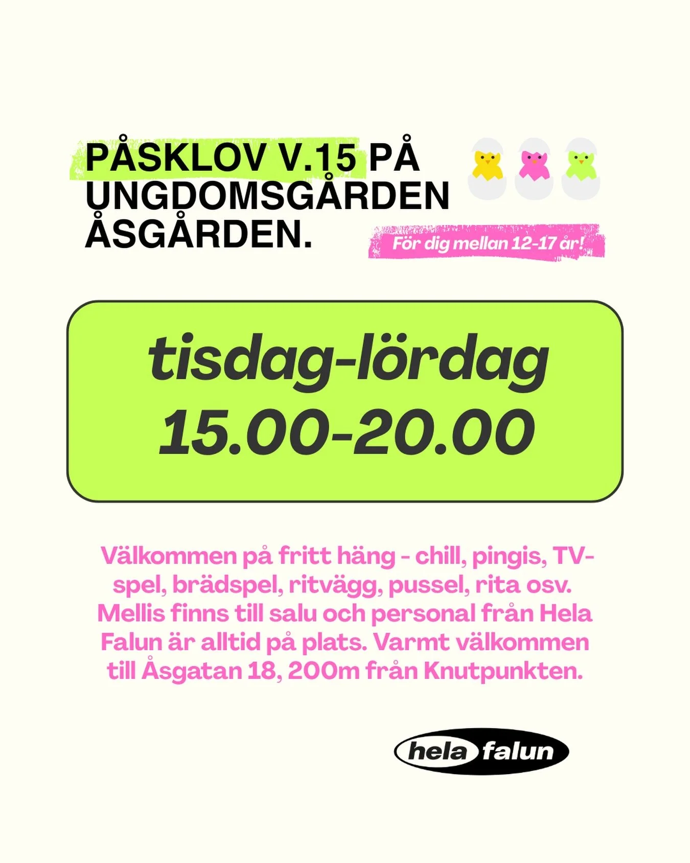 &Ouml;ppet 15.00-20.00 tis-l&ouml;r p&aring; p&aring;sklovet 💛 &Ouml;ppet som vanligt nu under p&aring;skhelgen (sk&auml;rtorsdag 15.00-20.00, p&aring;skafton 17.00-22.00 och p&aring;skdagen 17.00-22.00). Tipsa ungdomar i er n&auml;rhet om g&ouml;tt