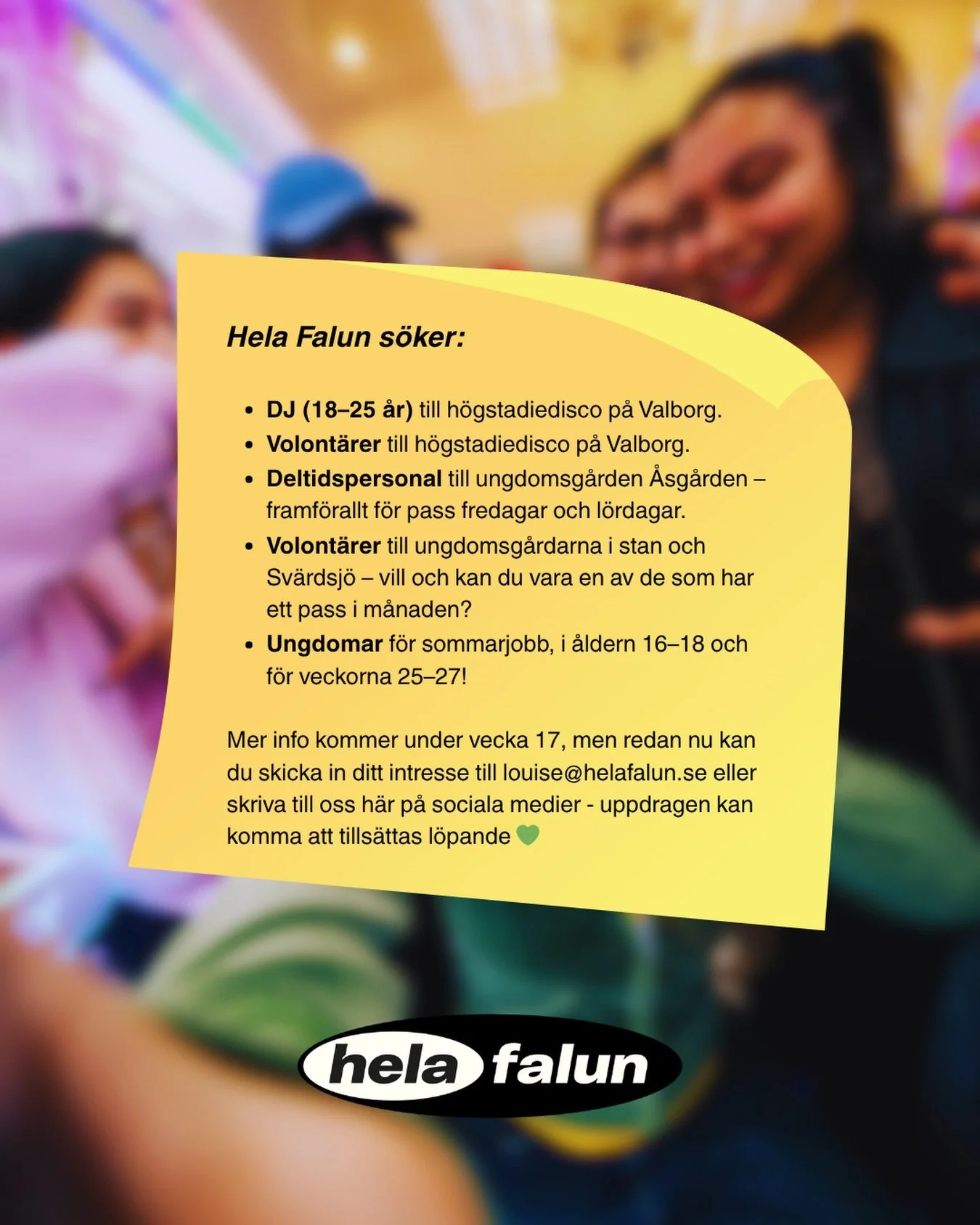 Bli en del av Hela Falun och var med och skapa en trygg, meningsfull och rolig fritid f&ouml;r ungdomar. Just nu s&ouml;ker vi fler engagerade personer till flera olika uppdrag! 💫💚💫💚💫💚