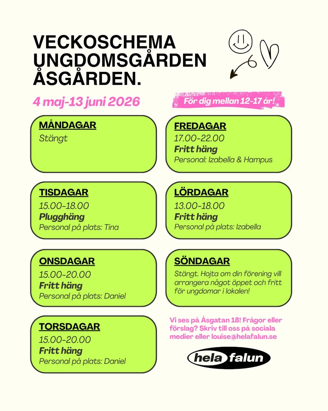 Nya &ouml;ppettider fr&aring;n och med denna vecka &ndash; fram till sommarlovet! &Ouml;ppet en timme kortare p&aring; tisdagar och &ouml;ppet dagtid p&aring; l&ouml;rdagar, efter &ouml;nskem&aring;l fr&aring;n ungdomar 🎉 Personal p&aring; plats kan
