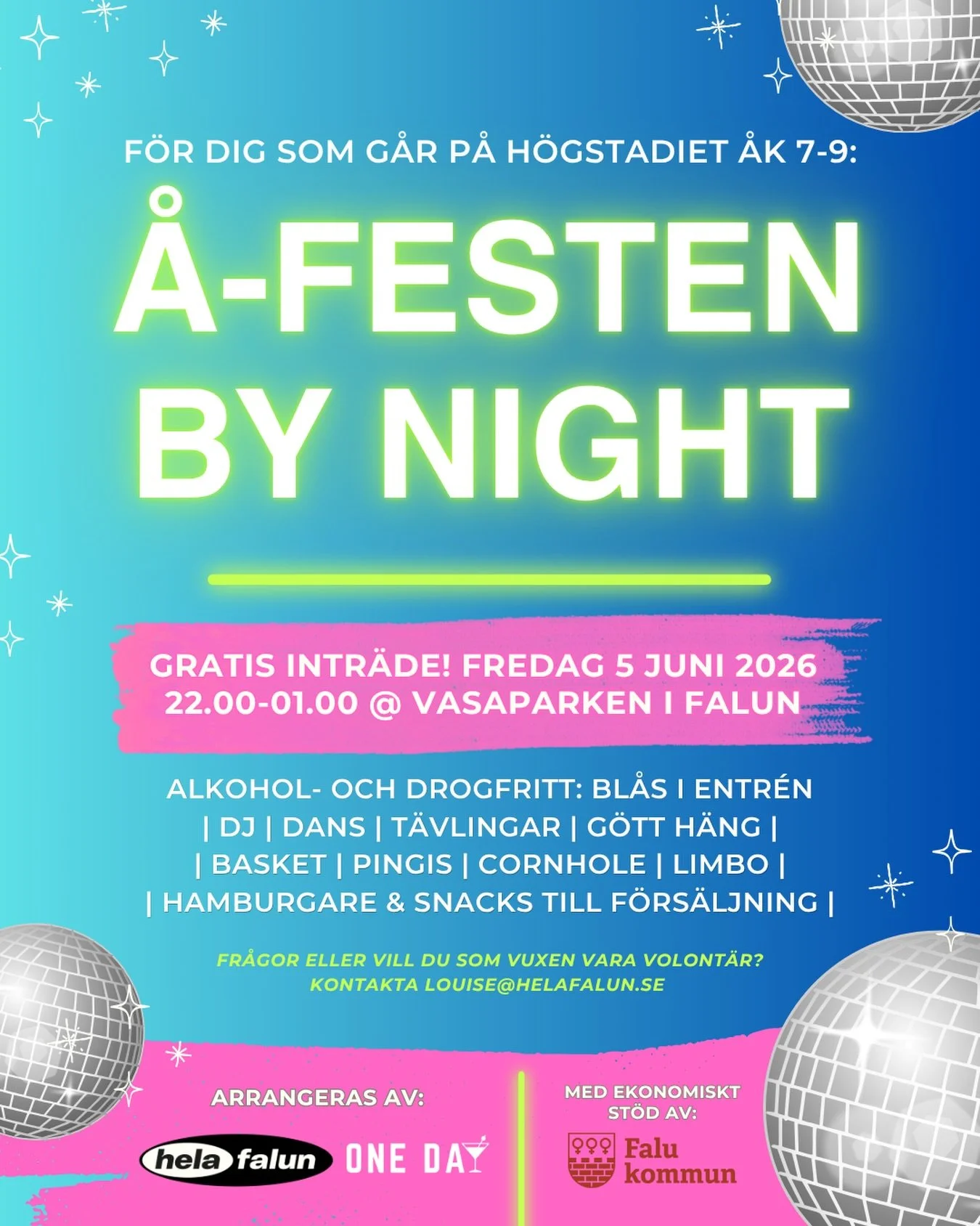 5 juni arrangerar Hela Falun ungdomsdisco tillsammans med @onedayfalun 🪩 Tipsa g&auml;rna ungdomar i din n&auml;rhet som g&aring;r p&aring; h&ouml;gstadiet! Vill du som vuxen vara med som volont&auml;r och m&ouml;jligg&ouml;ra en trygg och rolig kv&