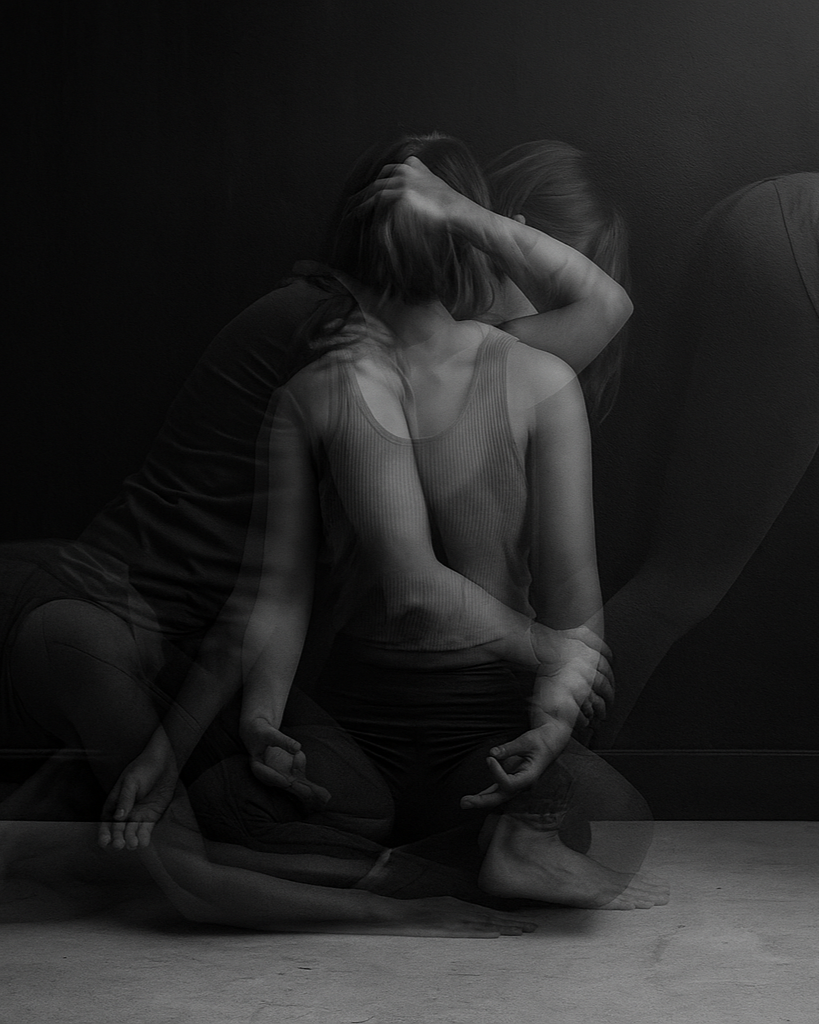 A person practicing yoga in a seated meditation pose with a shadowed, layered effect.