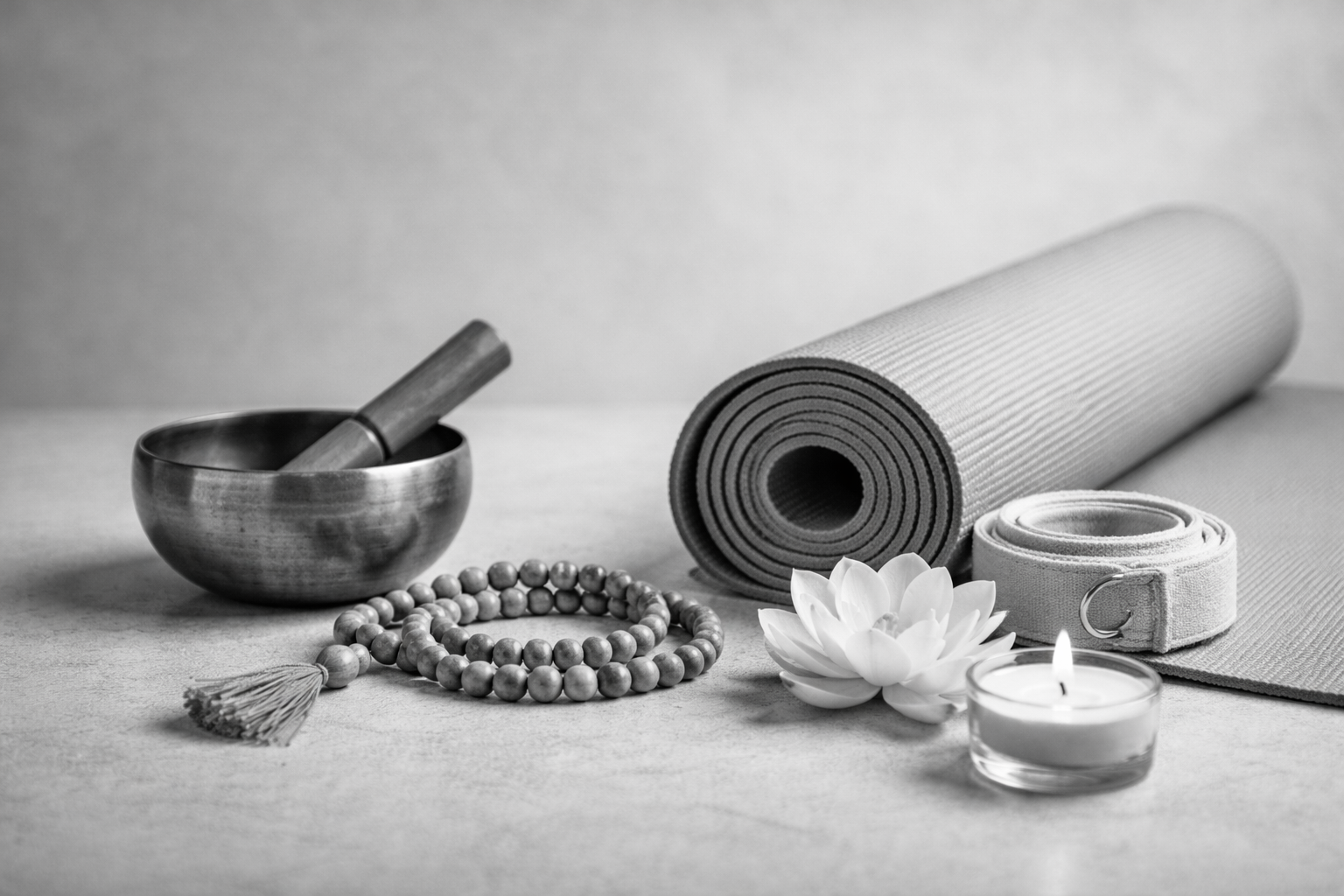 A collection of yoga and meditation items including a rolled yoga mat, a yoga belt, a mala prayer bead necklace, a small flower, a lit candle, and a singing bowl with a mallet on a light-colored surface.