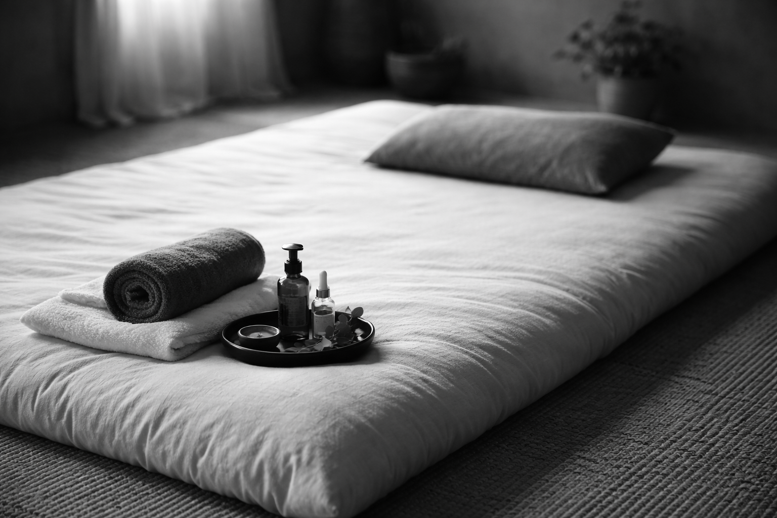 A neatly made bed with a rolled towel and a tray with toiletries on top. The bed has a pillow and a blanket, with a curtain and potted plants in the background.