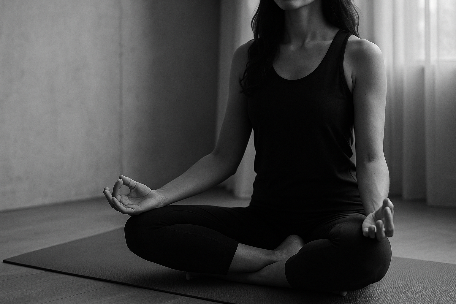 Mujer en posición de meditación, sentada en el suelo en un ambiente interior.