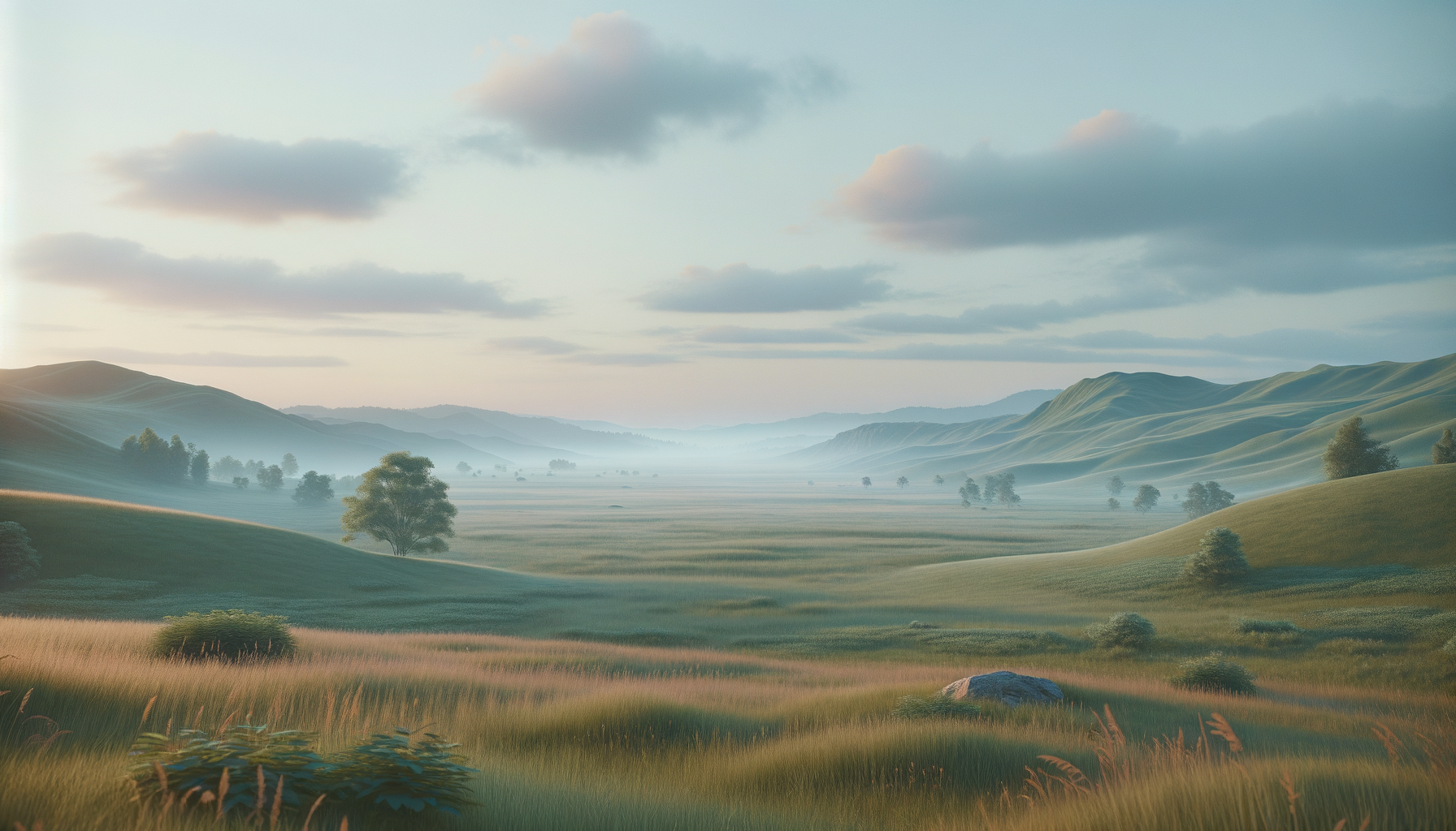 Scenic landscape of rolling green hills with trees, a mountain range in the background, and a sky with scattered clouds during sunrise or sunset.