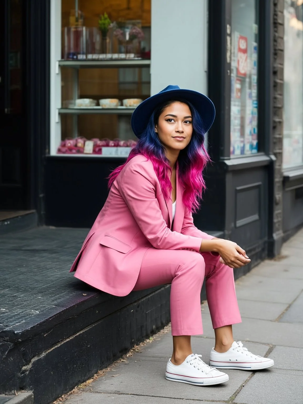 A young woman with vibrant pink and purple ombre hair sitting on a sidewalk outside a shop, wearing a pink suit, white sneakers, and a navy hat.