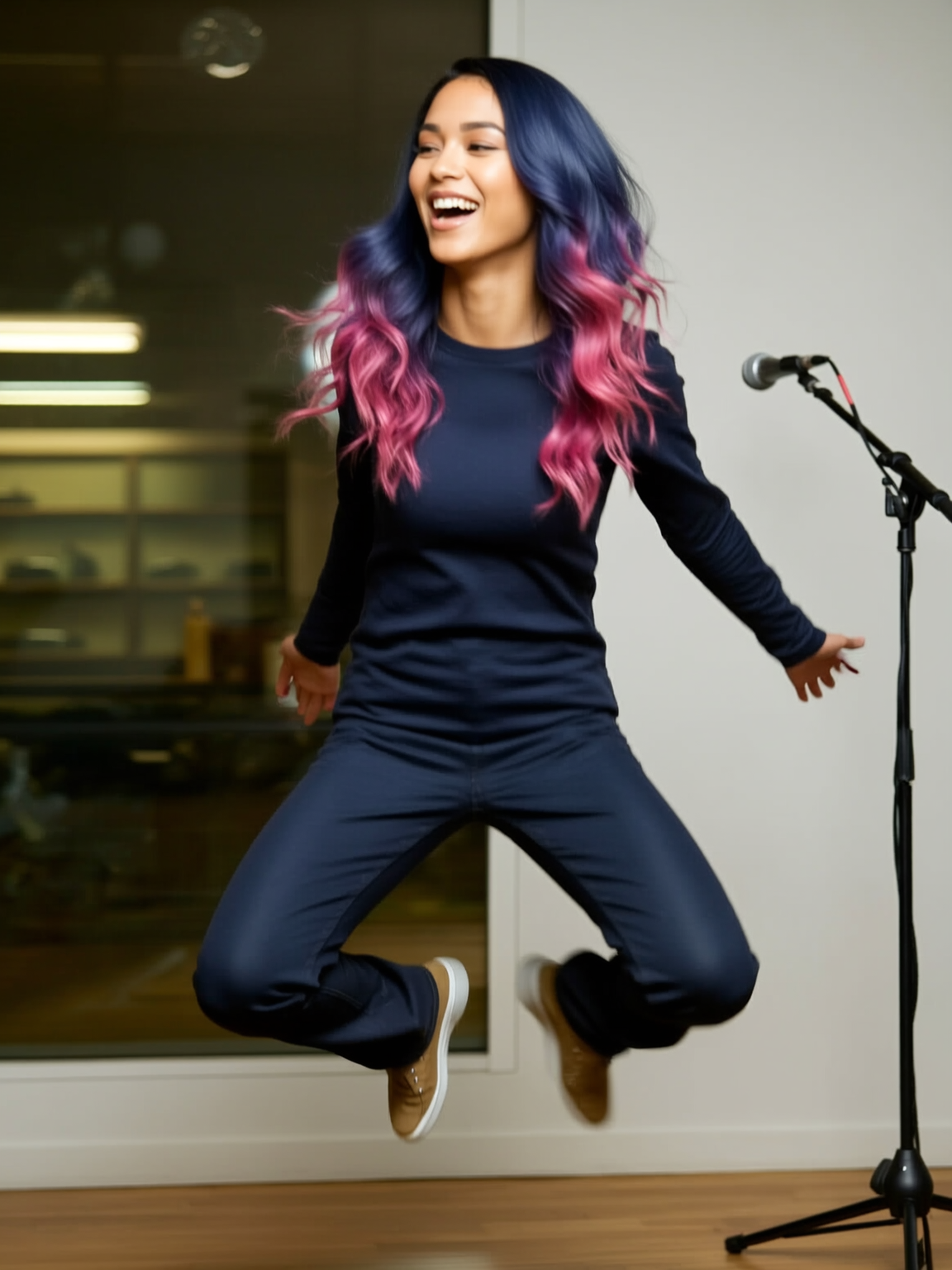 A woman with long, wavy hair dyed pink and blue jumps into the air while smiling, near a microphone stand in an indoor setting.