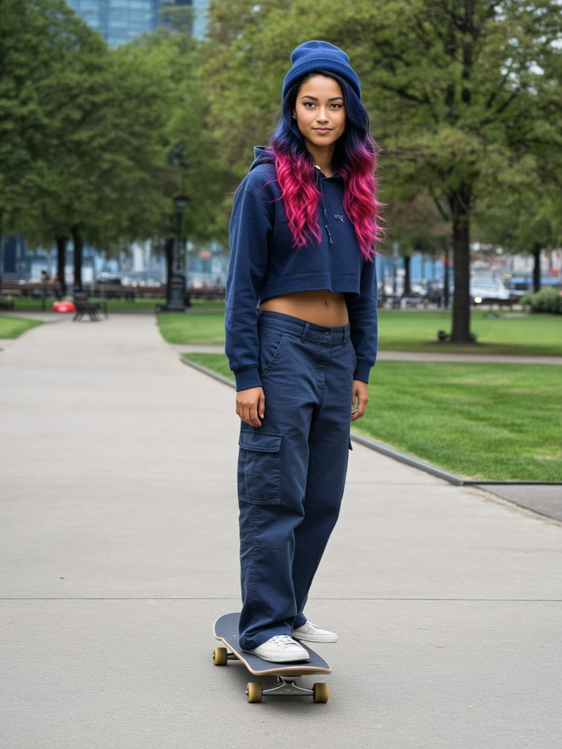 Young woman with pink and purple hair wearing a blue beanie, cropped hoodie, baggy pants, and white sneakers, riding a skateboard in a park with green trees and pathways.