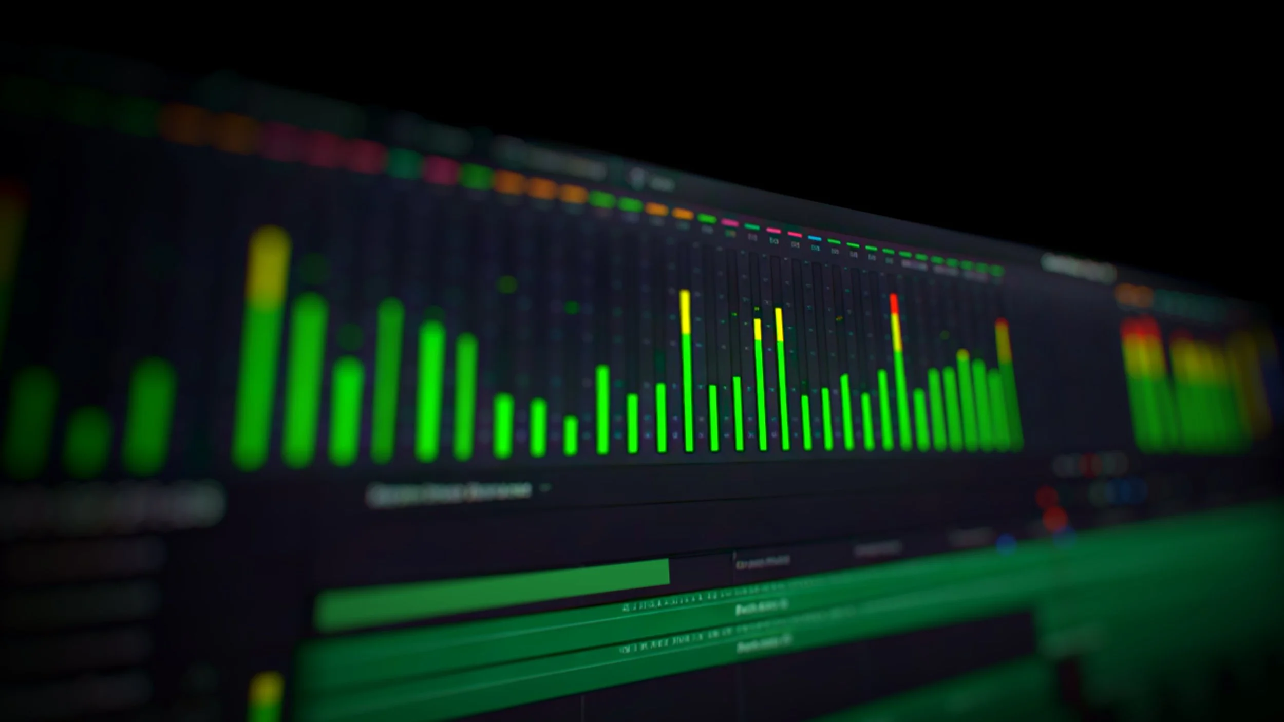 Close-up of a digital audio mixer or sound mixing software display with green, red, and yellow volume level indicators and waveform data. Sound Design. Sound Mixing.