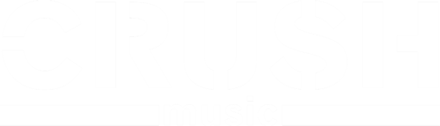 A logo with the word 'CRUSH' in large, stylized white letters on a black background, with the word 'music' in smaller lowercase white letters below, separated by horizontal lines.
