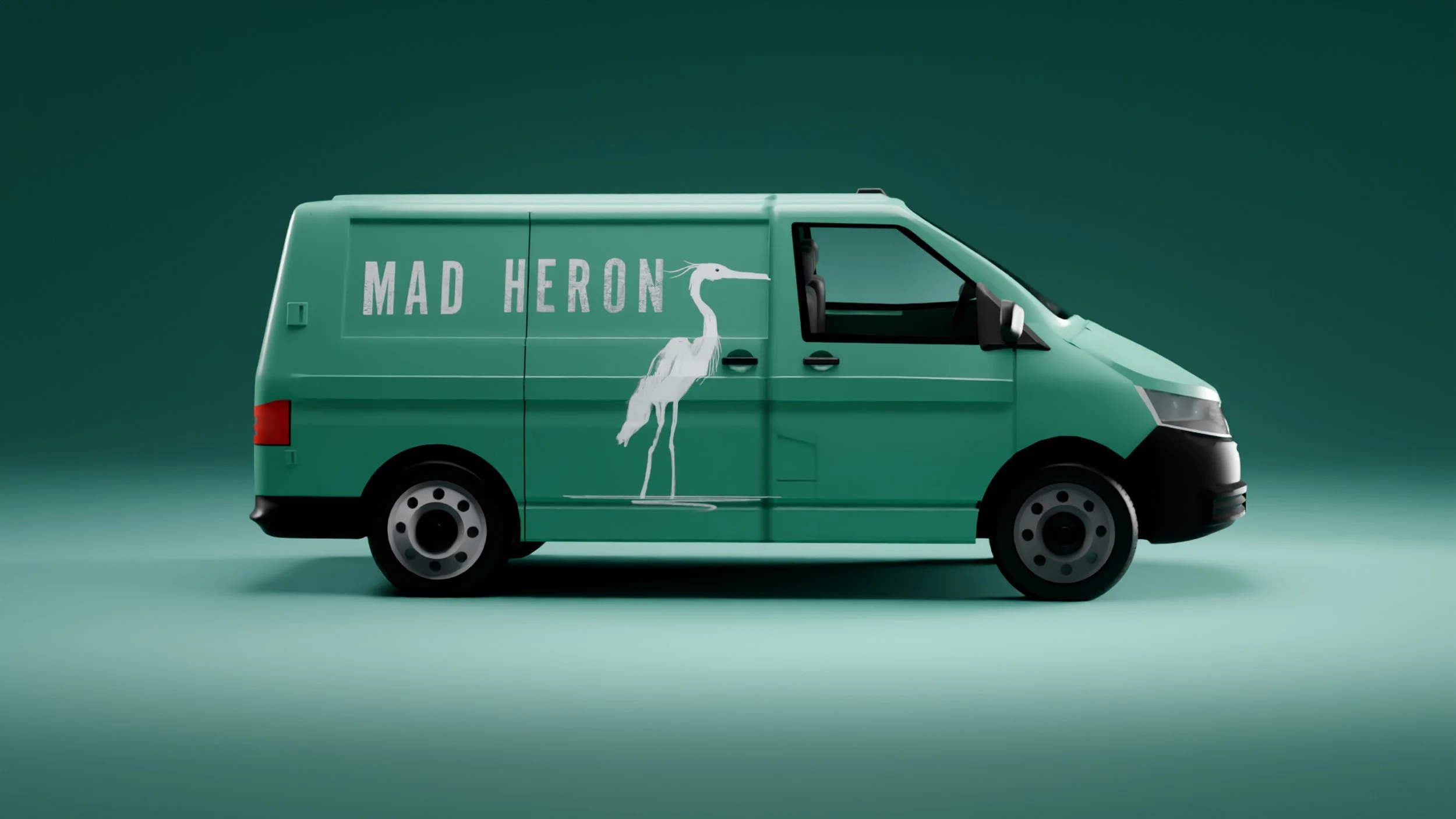 A green delivery van with a white heron illustration and the text "Mad Heron" on the side, set against a green background.