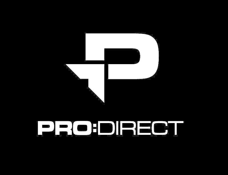 Black background with a large stylized letter P and arrow in the center, and the text "PRO: DIRECT" beneath it.