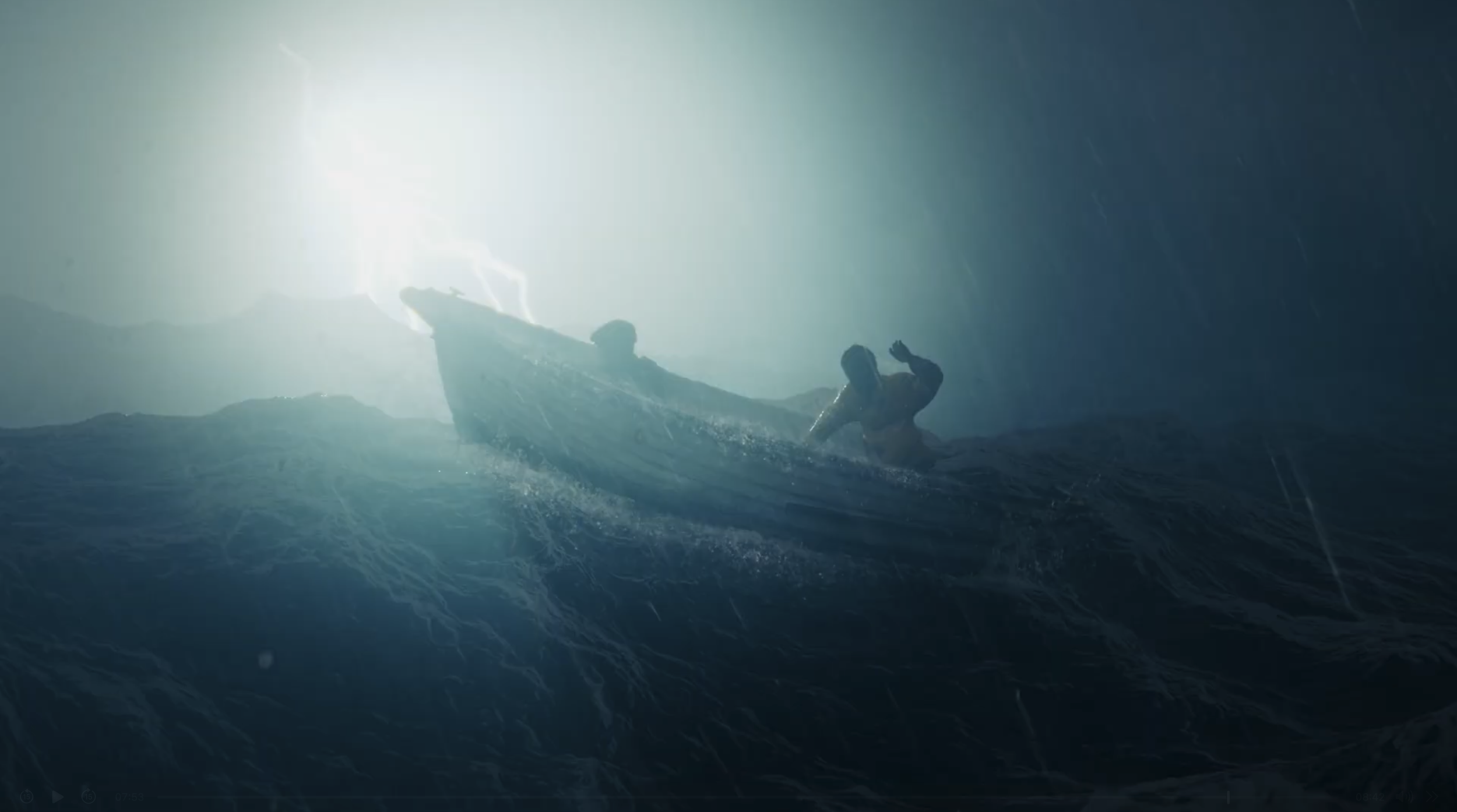 A person being rescued from the ocean by a boat during a storm, with waves and rain visible. Pre-Visualisation. Concept Art. Storyboards. 3D Animation. 2D Animation.
