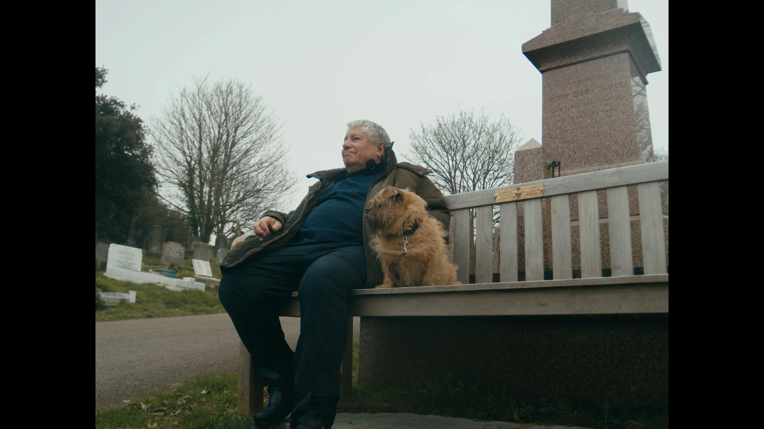 An elderly man with gray hair sitting on a park bench beside a small brown dog in a graveyard under an overcast sky.