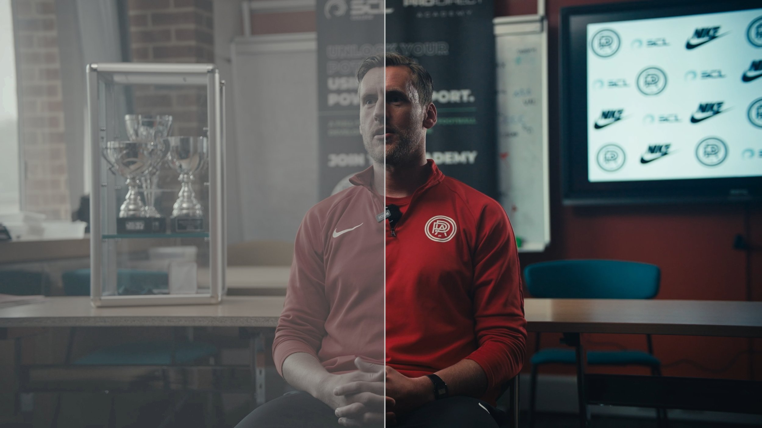 Side-by-side comparison of a man in a sports jacket, sitting in an indoor setting, with trophies on the left and a sports logo on the screen on the right. Colour Grading. Color Grading.