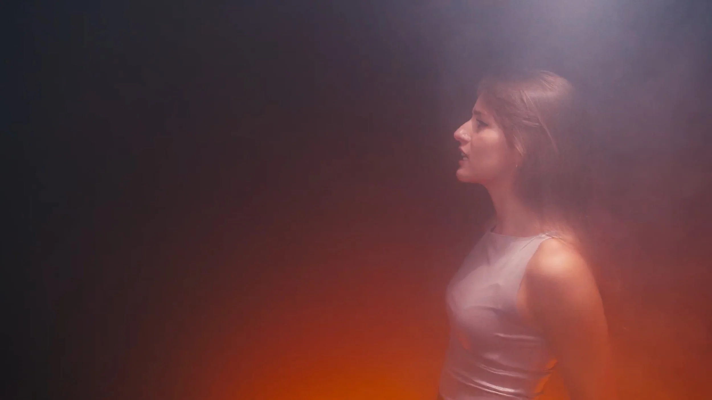 A woman standing in a foggy environment, facing sideways, with a gradient of dark to light colors from bottom to top.