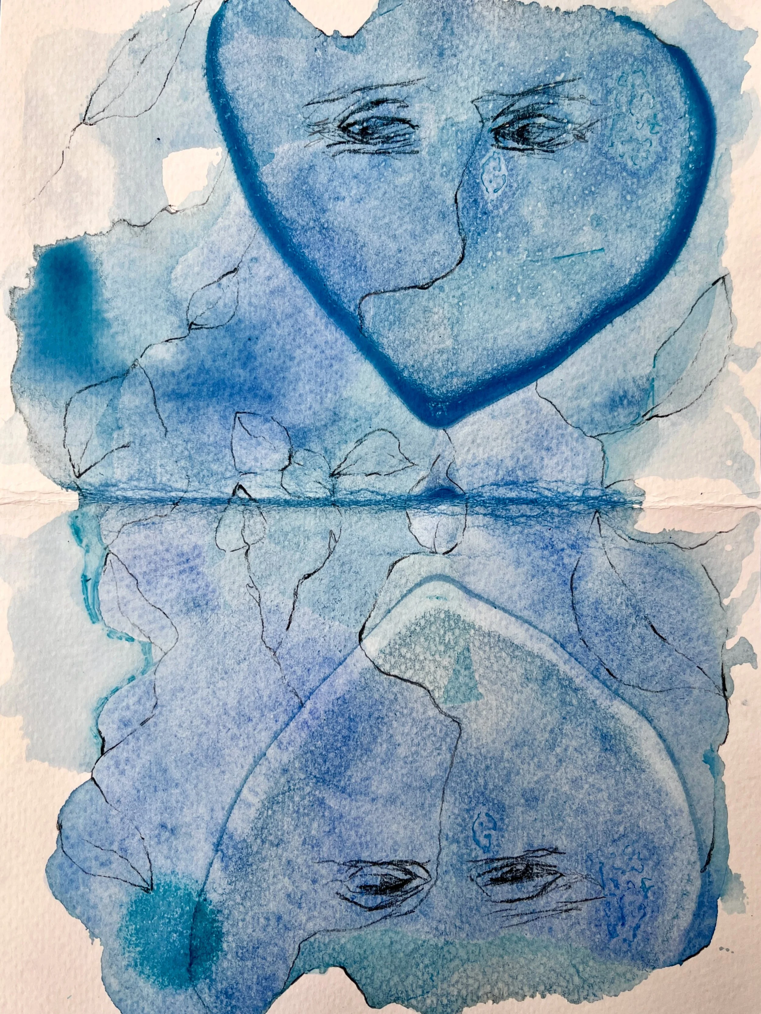 I was testing a few colors on a scrap of paper and when I was finished, while still wet, I folded it in half and put it out of sight. I opened it the other day forgetting what it was. The range of blues, the patterns and mirrored shapes that appeared