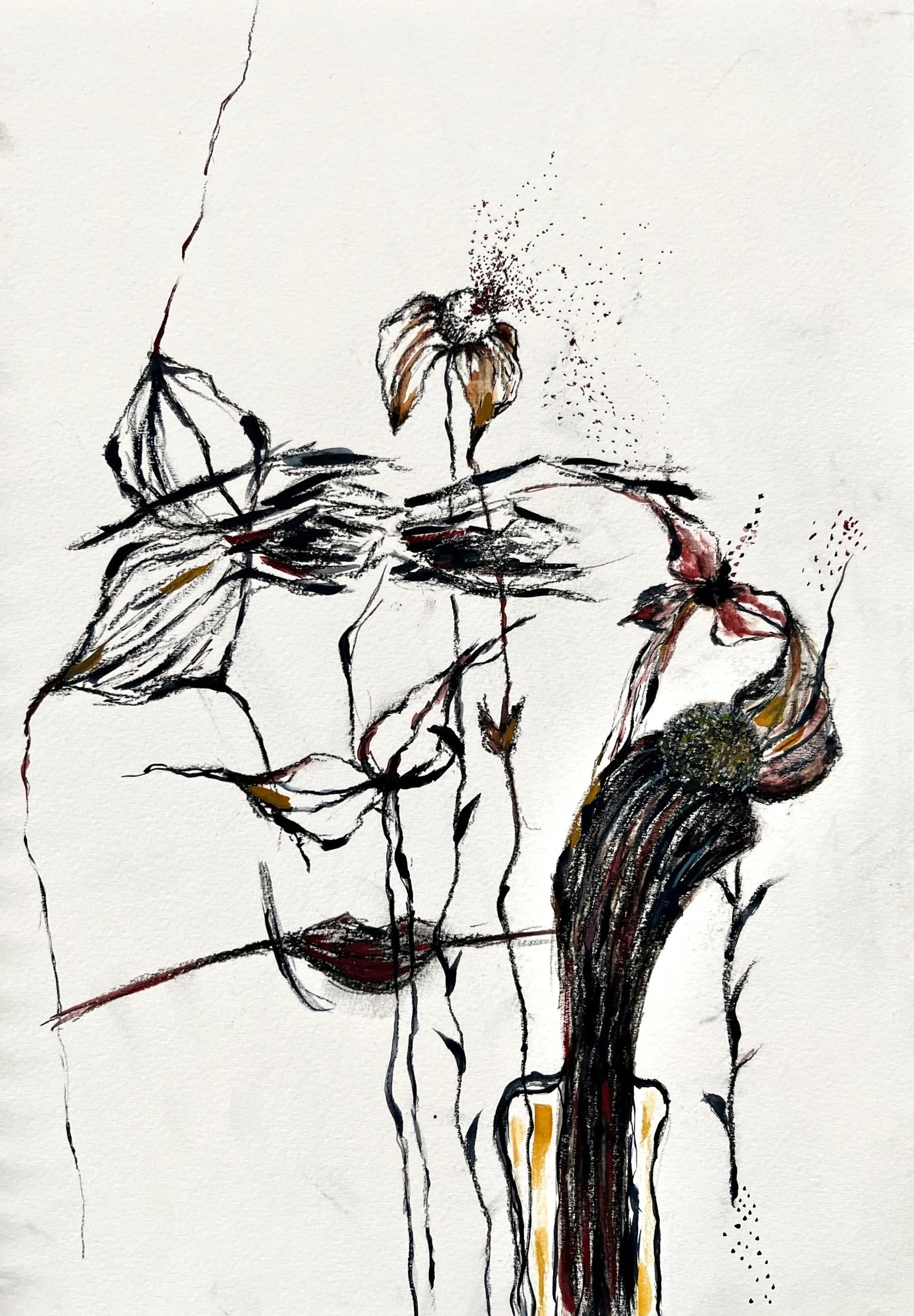 Caught Mid-Cycle
 2025
Mixed media on paper (charcoal, ink and acrylic)
30 × 22 cm