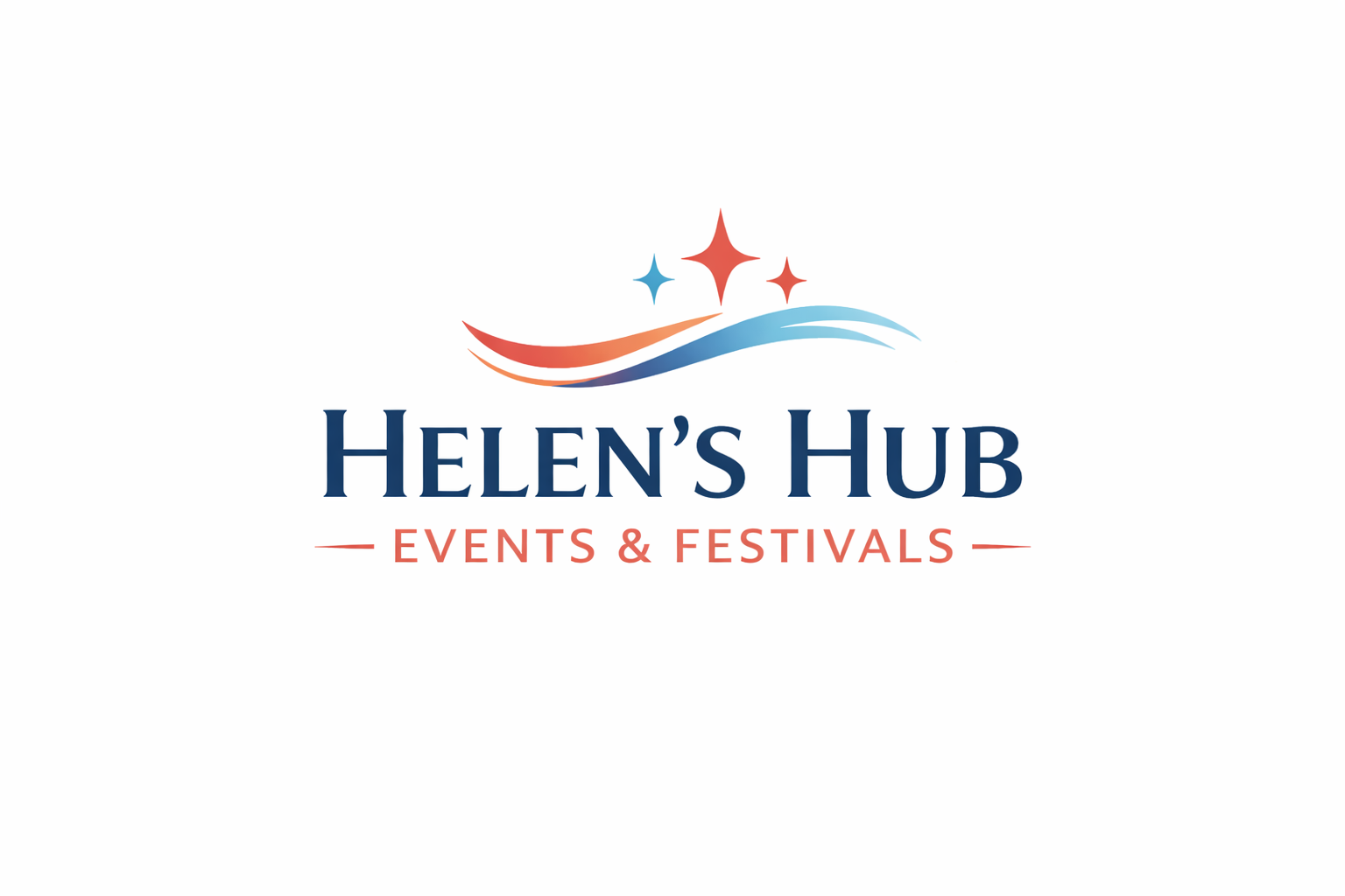 Logo for Helen's Hub Events & Festivals featuring stars and curved lines in red, blue, and orange.
