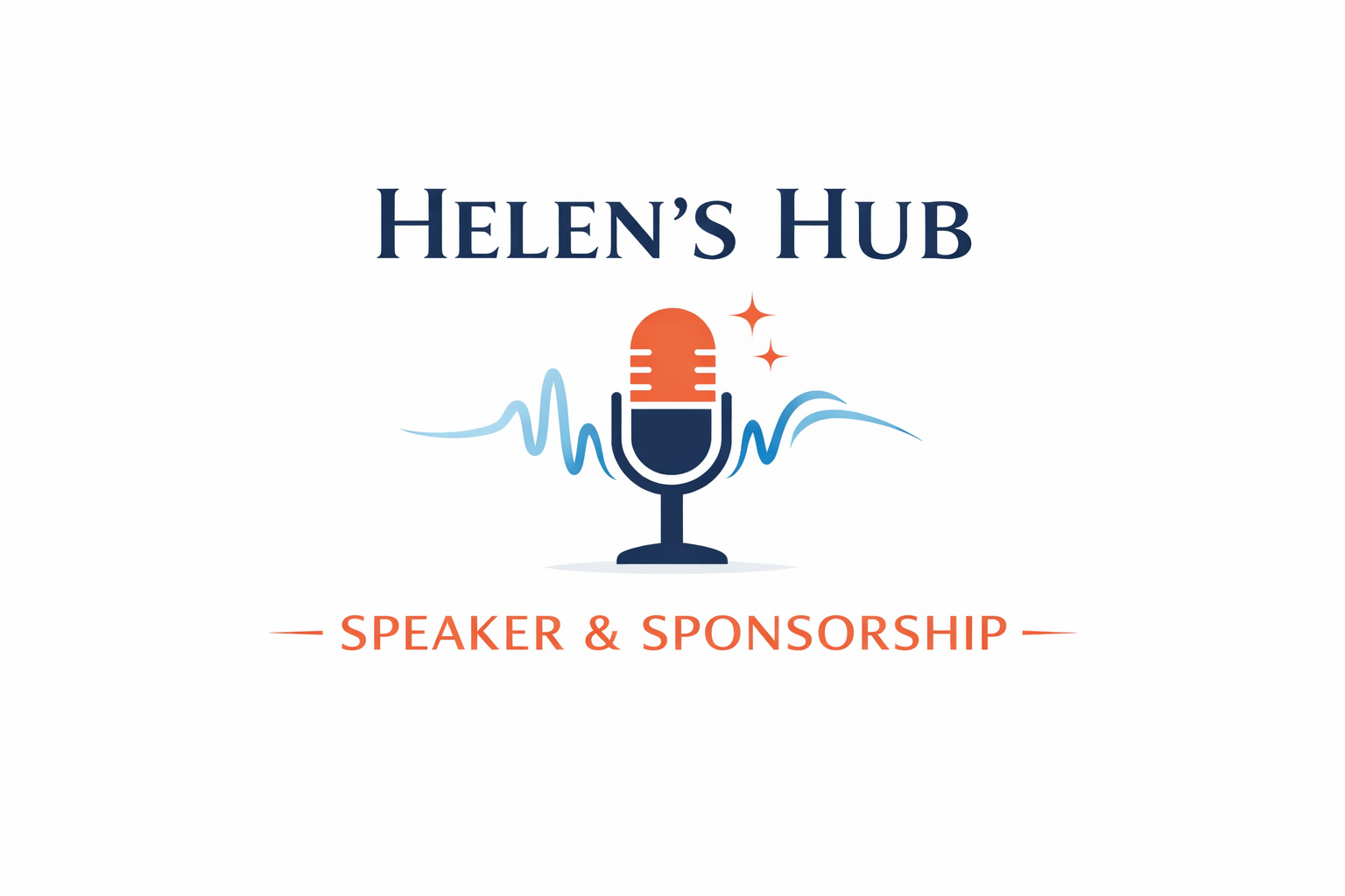 Logo for Helen's Hub 'Speaker & Sponsorship' featuring a vintage microphone, sound wave lines, and two small stars.