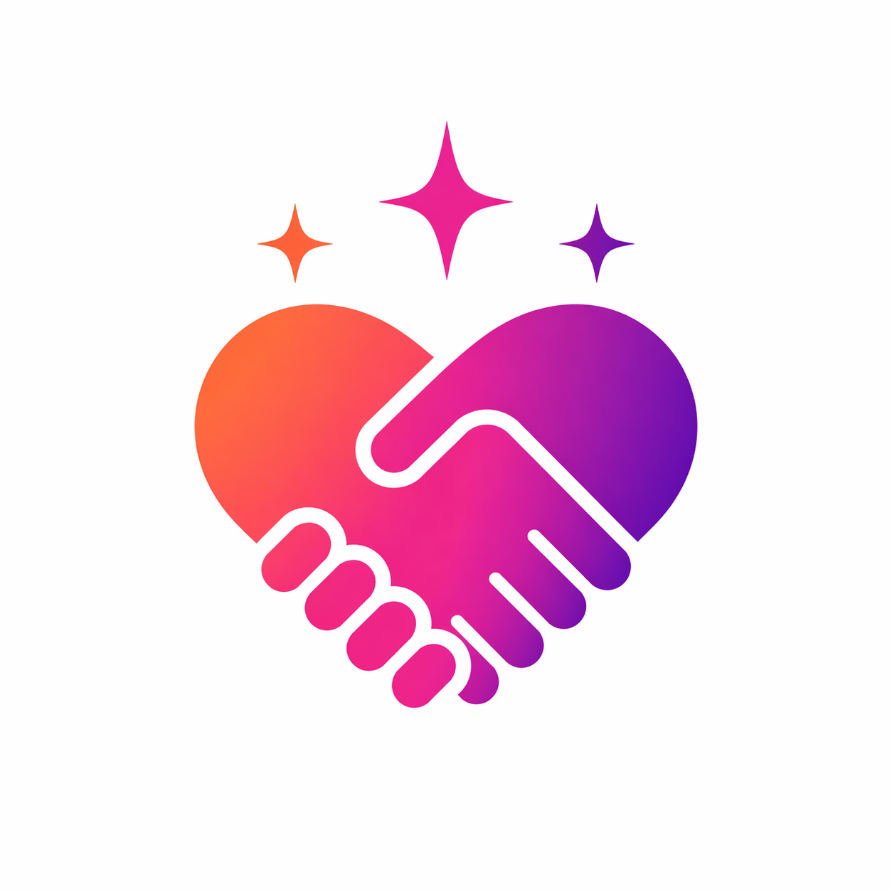 Stylised illustration of two hands shaking inside a heart shape with three sparkling stars above, gradient colours from orange to purple.