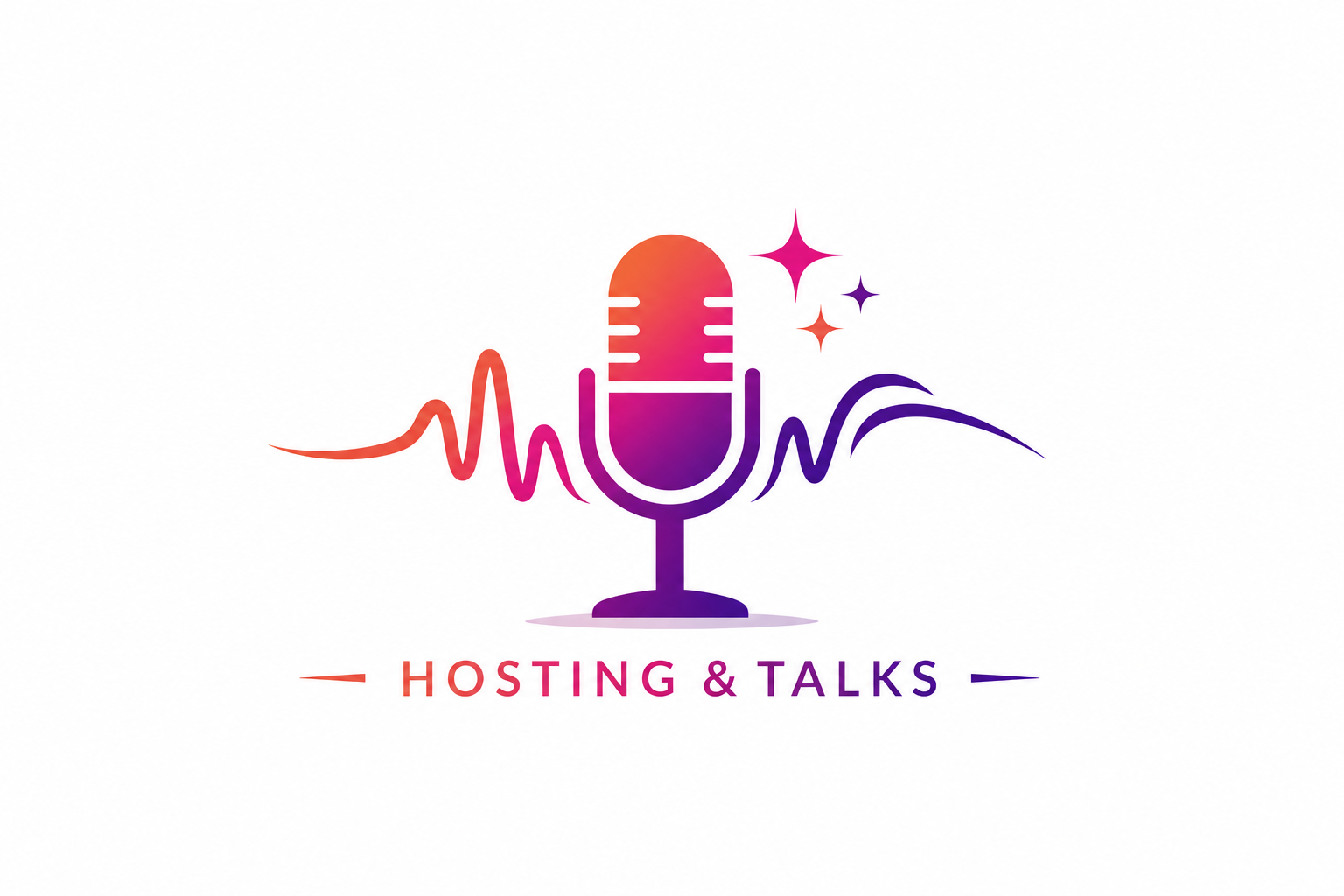 Logo for Helen's Hub Hosting & Talks featuring a vintage microphone, sound wave lines, and two small stars.