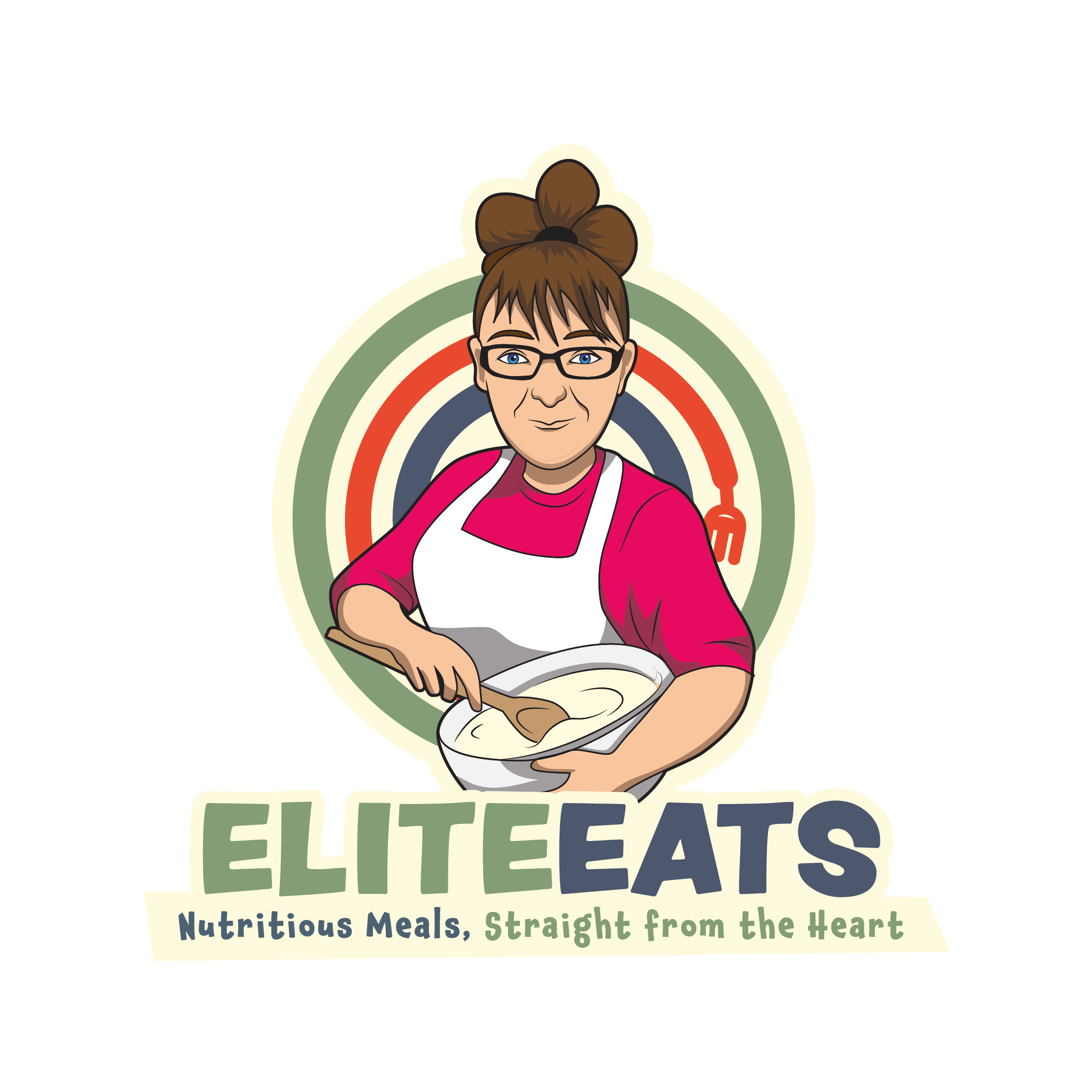 An illustrated woman with glasses and brown hair tied in a bun, cooking with a ladle. Behind her are colourful concentric circles. Text reads: 'ELEVATE,' 'Nutrition,' 'Healthy,' 'Authentic,' 'Nourishing Meals, Straight from the Heart.'