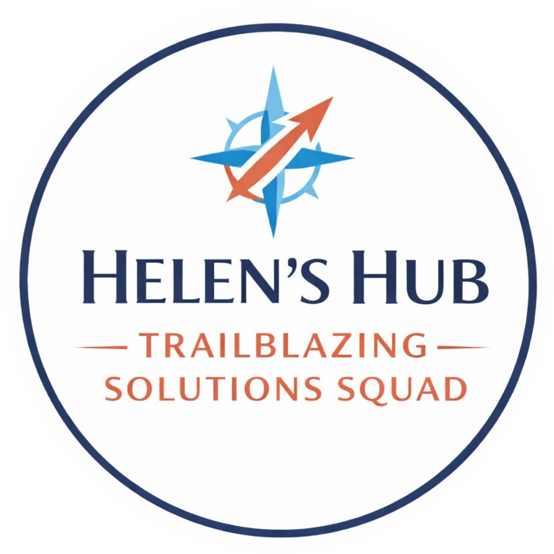 Logo for Helen's Hub Trailblazing Solutions Squad featuring a compass with an upward arrow