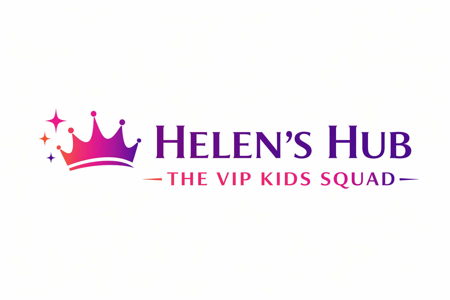 Logo for Helen's Hub, The VIP Kids Squad, featuring a purple crown with pink and purple stars, and text in purple and pink.