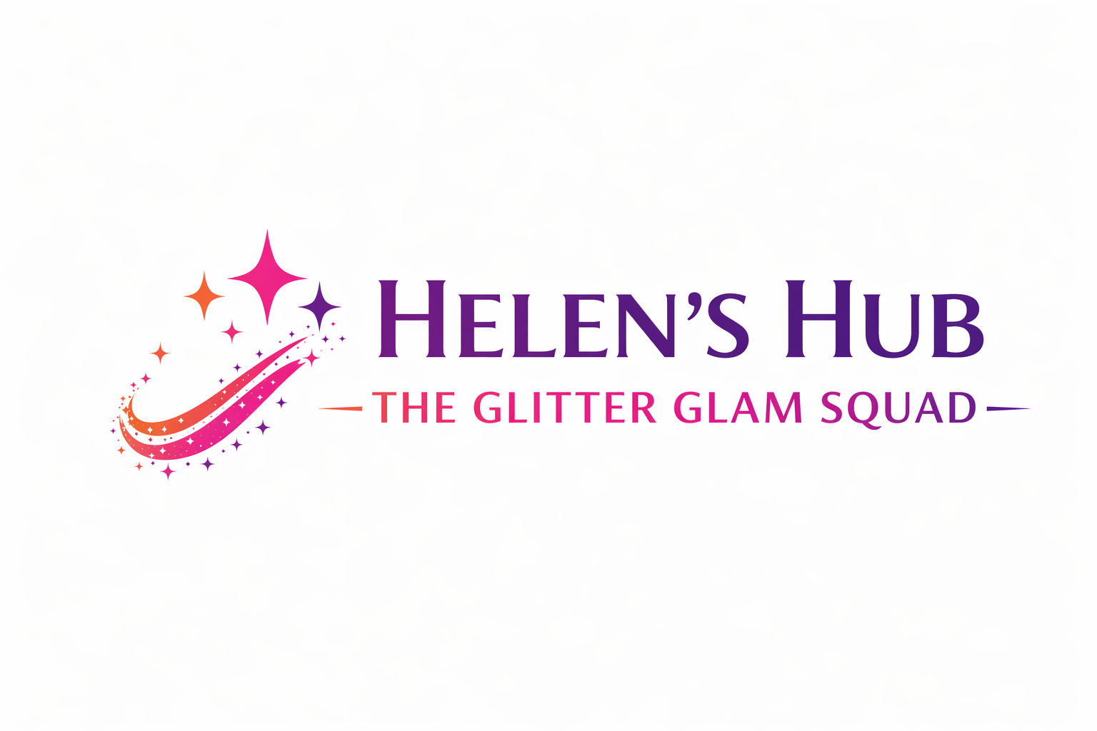 Logo for Helen's Hub, The Glitter Glam Squad, featuring colourful stars and a shooting star design with purple and pink text.