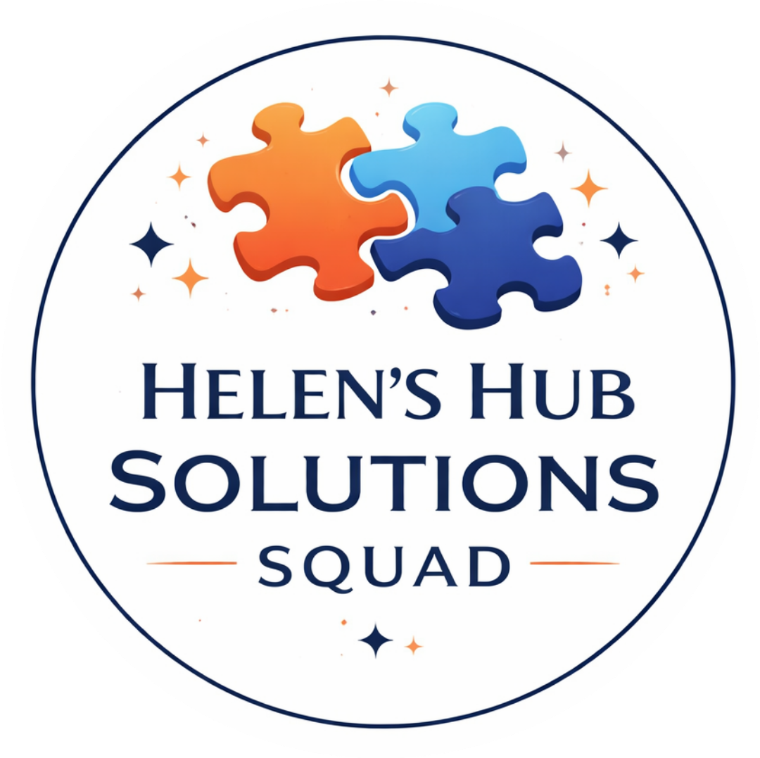 Logo for Helen's Hub Solutions Squad featuring three interlocking puzzle pieces in orange, blue, and navy, surrounded by small stars and sparkles.